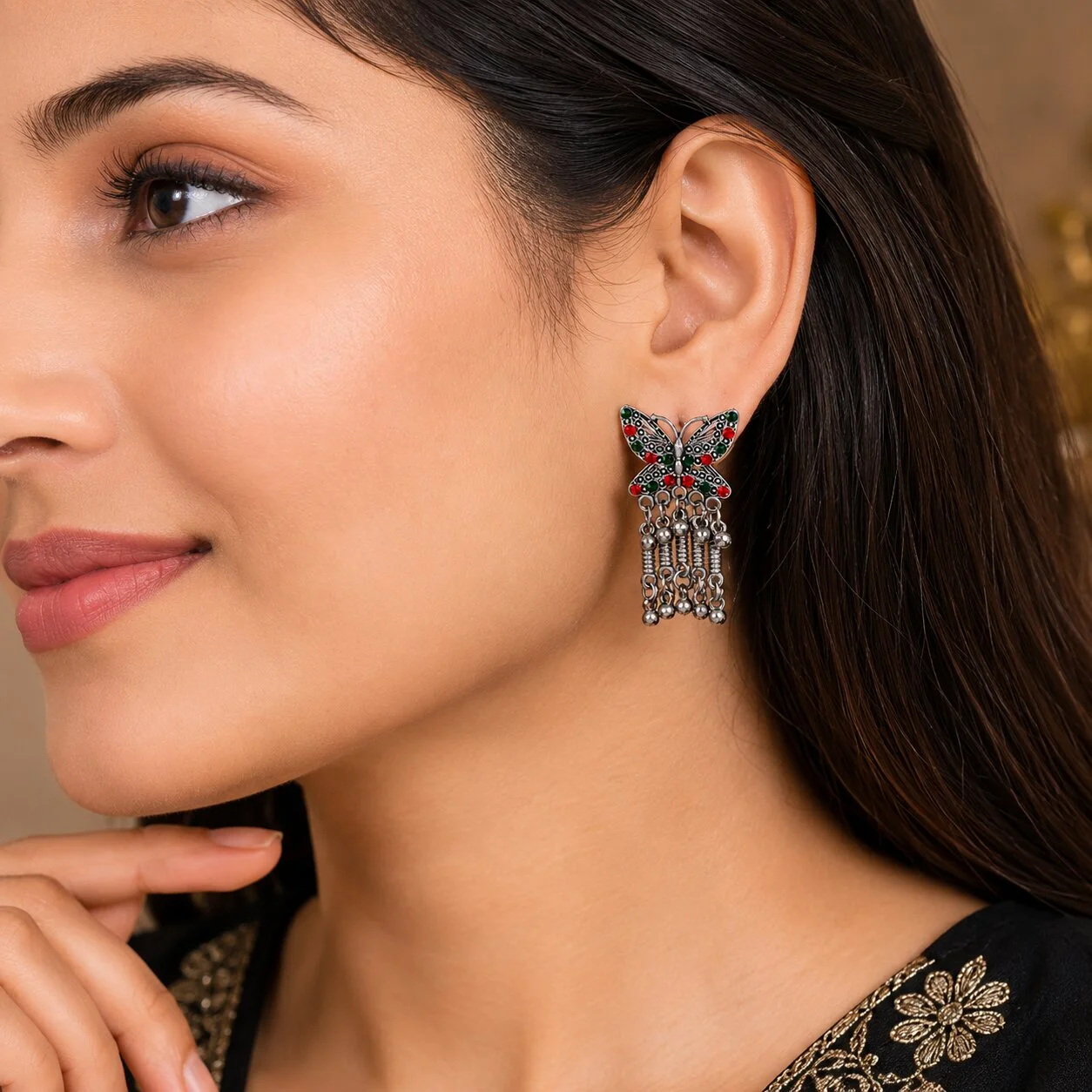 Oxidised Silver Butterfly Tassel Stud Earrings