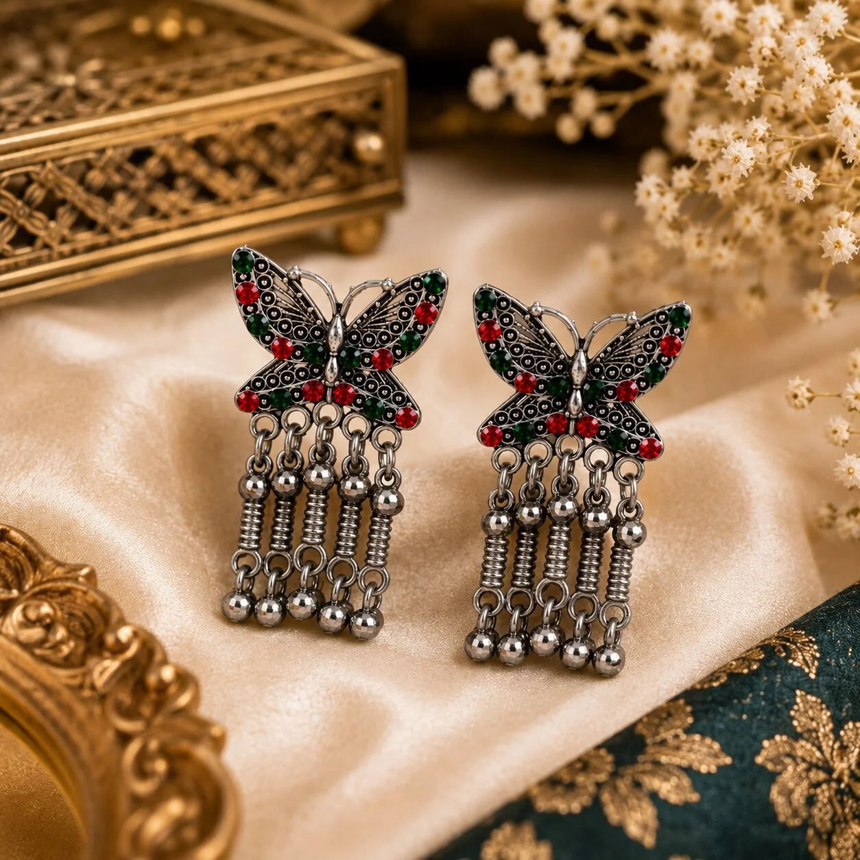 Oxidised Silver Butterfly Tassel Stud Earrings