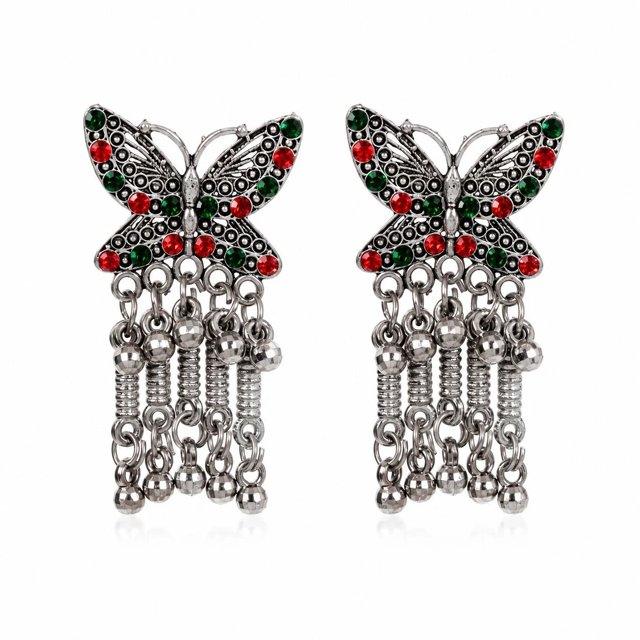 Oxidised Silver Butterfly Tassel Stud Earrings