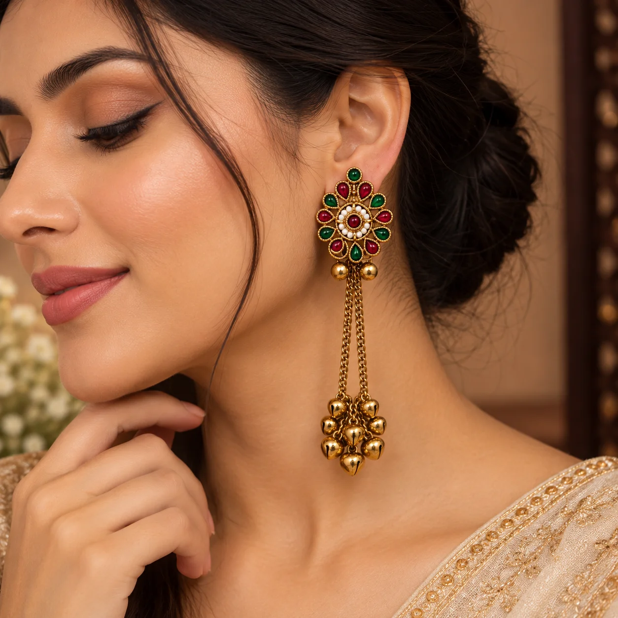 Kashmiri Floral Ghungroo Tassel Earrings