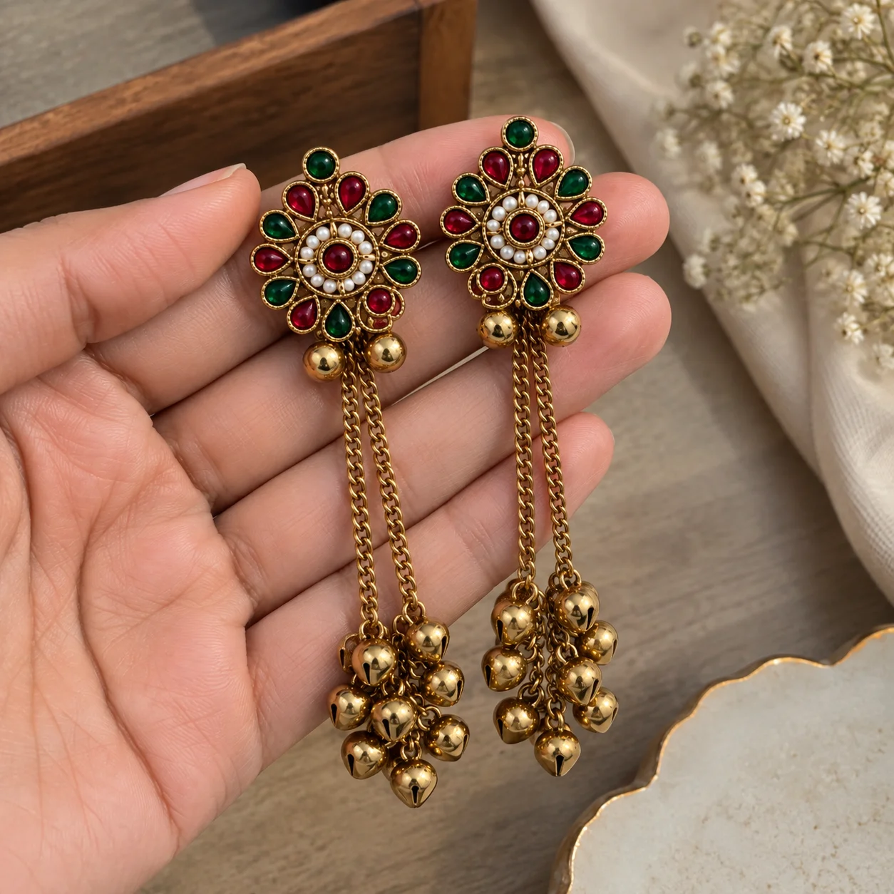Kashmiri Floral Ghungroo Tassel Earrings