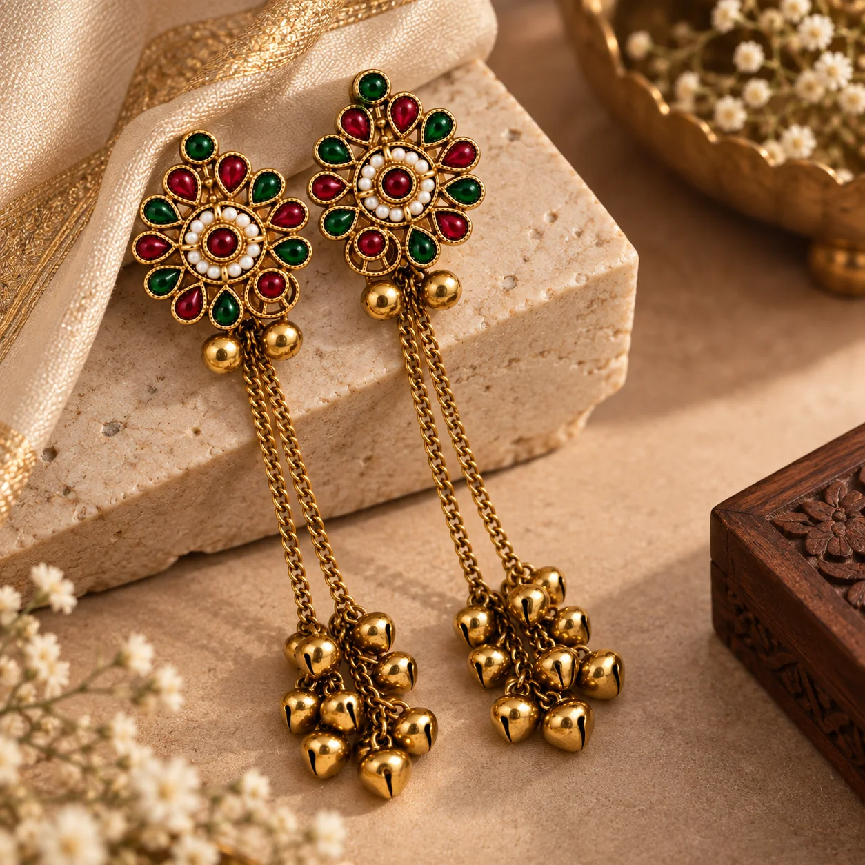 Kashmiri Floral Ghungroo Tassel Earrings