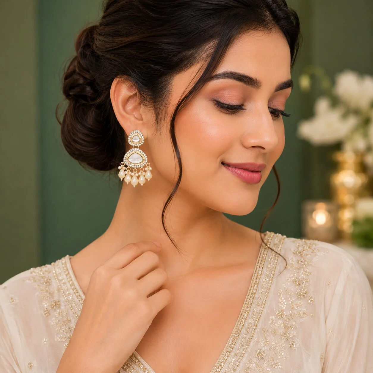 Kundan Beige Drop Chandbali Earrings