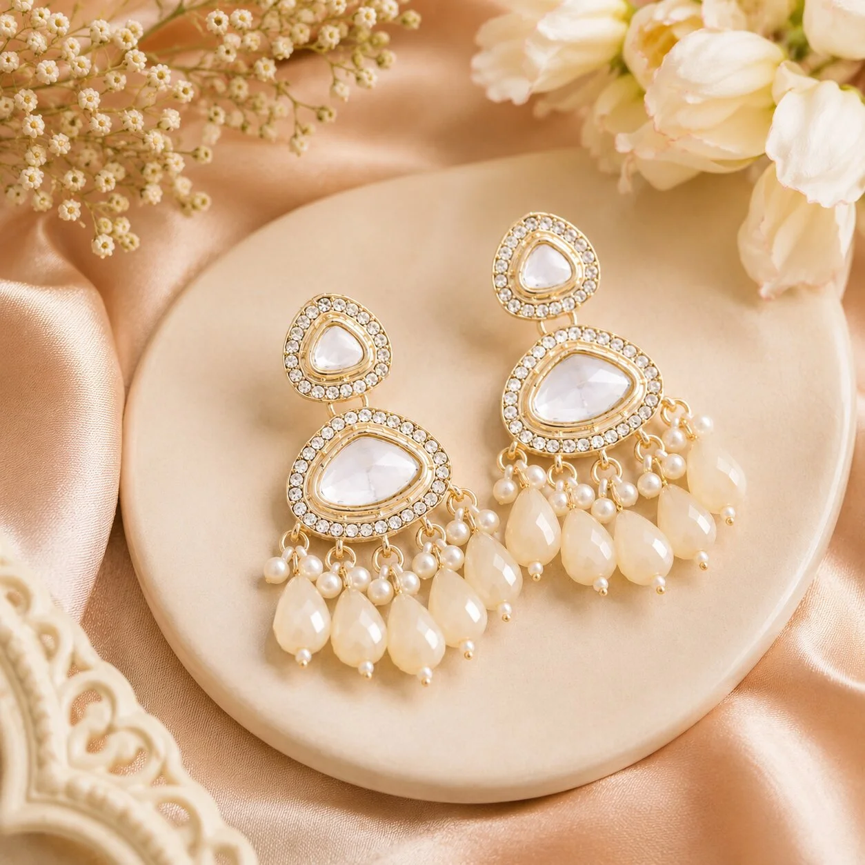 Kundan Beige Drop Chandbali Earrings