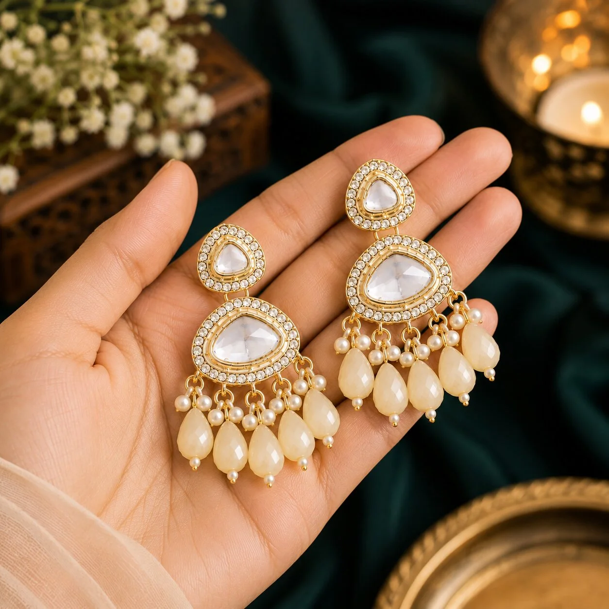 Kundan Beige Drop Chandbali Earrings