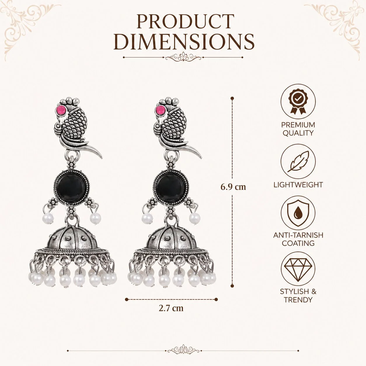 Oxidised Silver Parrot Jhumki Earrings