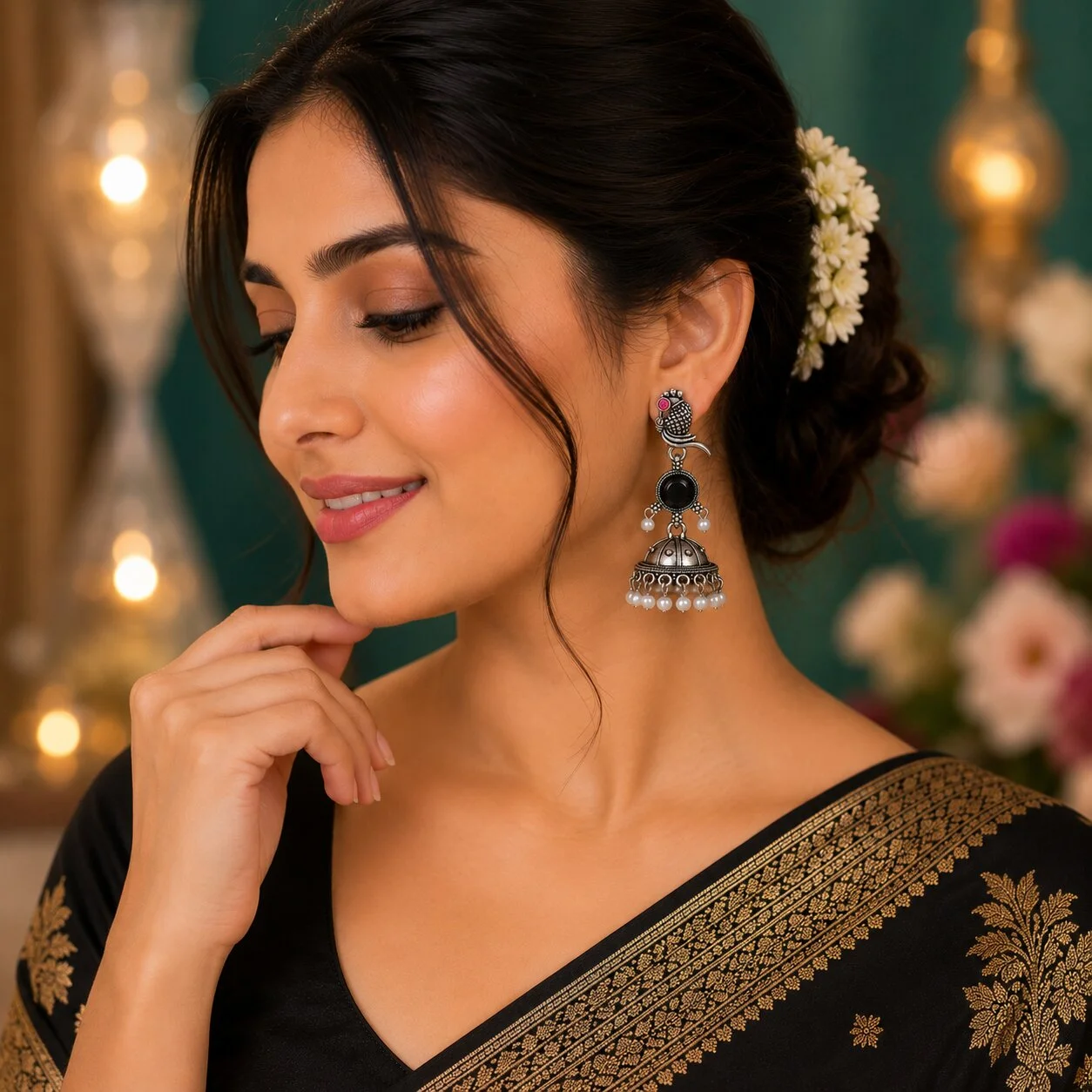 Oxidised Silver Parrot Jhumki Earrings