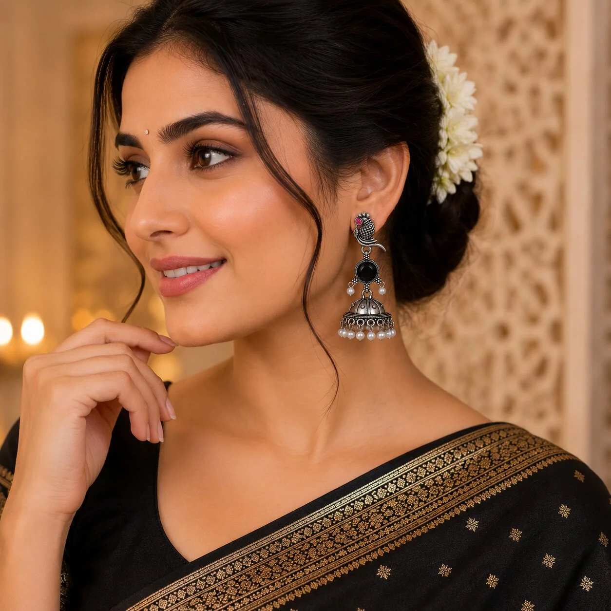 Oxidised Silver Parrot Jhumki Earrings