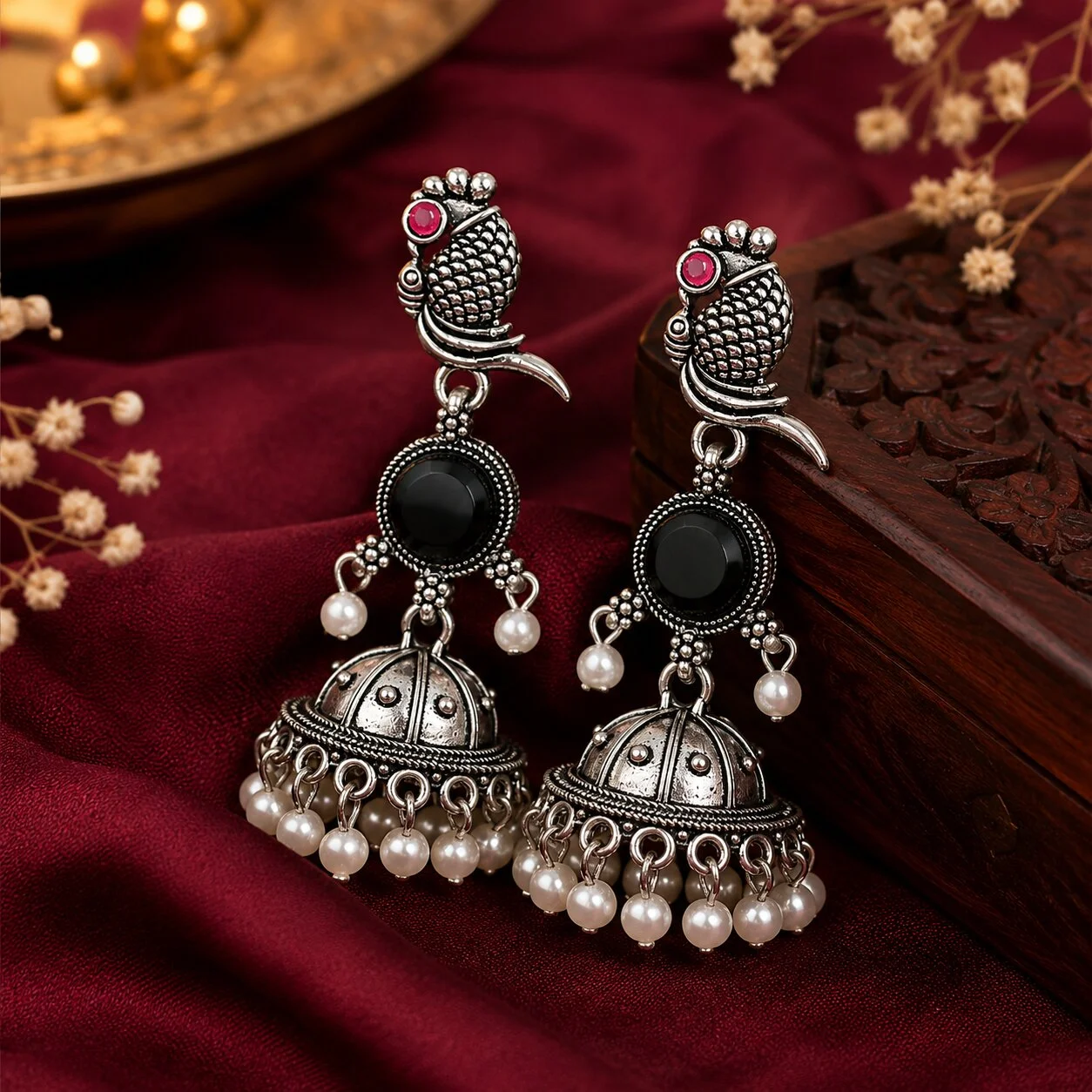 Oxidised Silver Parrot Jhumki Earrings