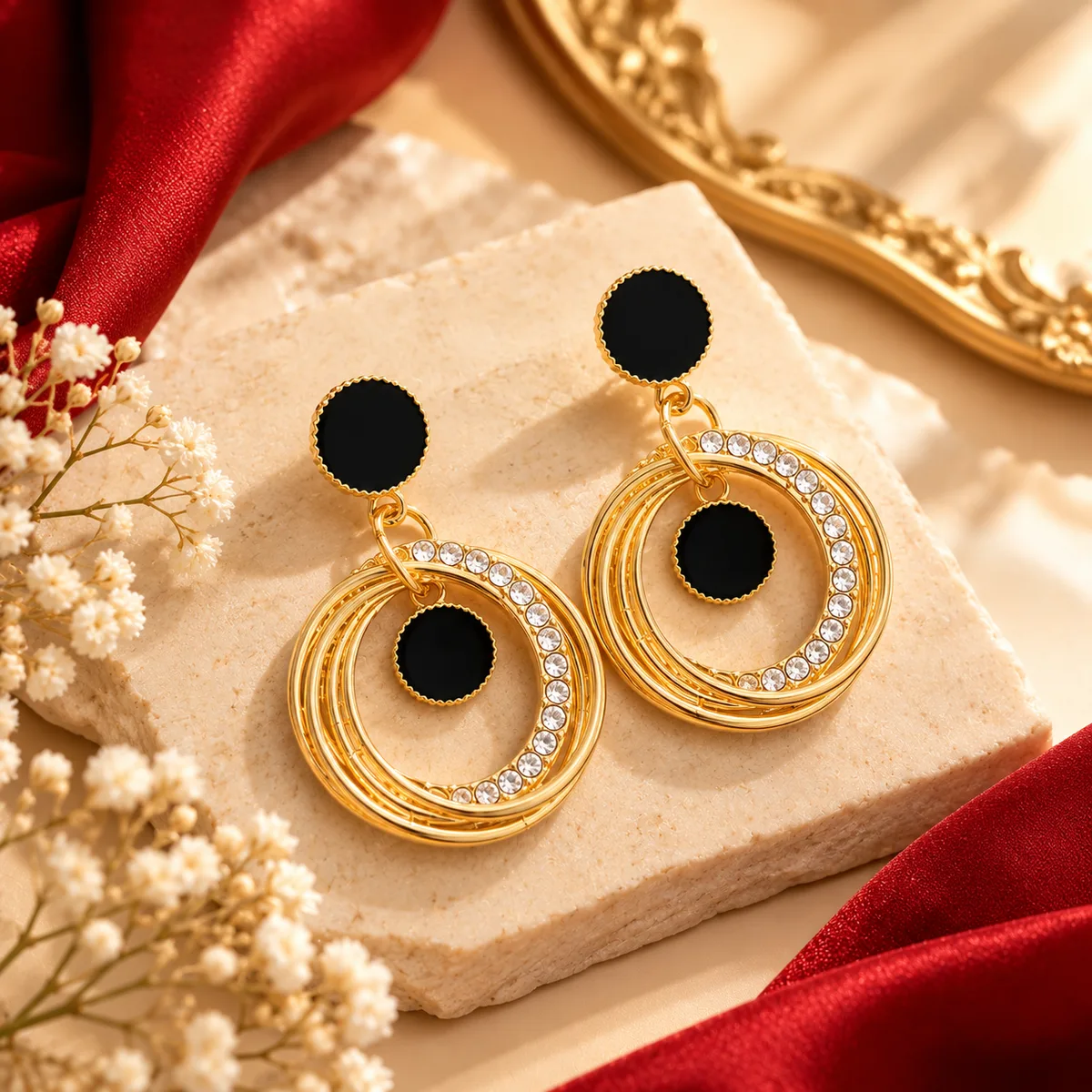 Gold & Black Crystal Earring Bouquet