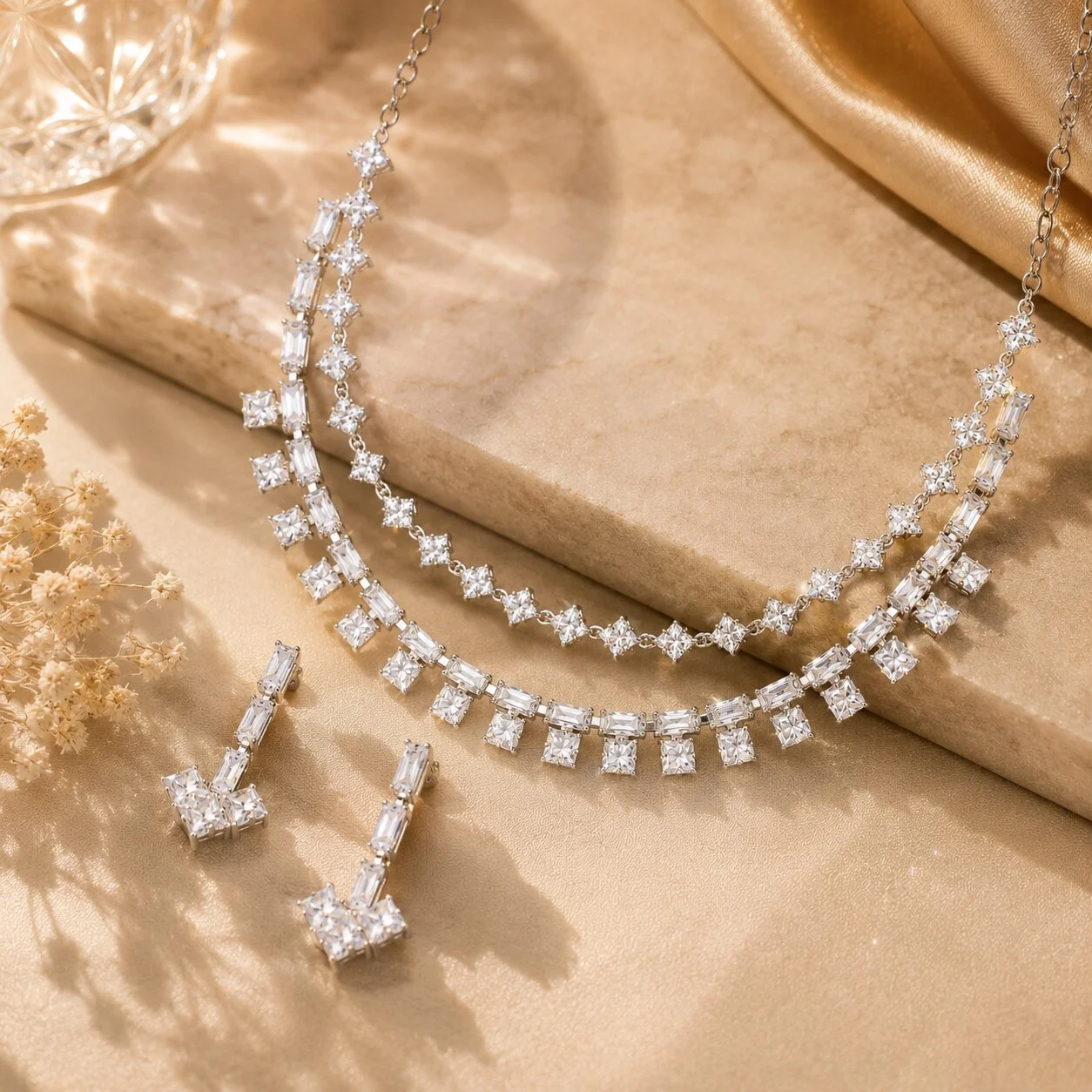 Silver-Toned Double-Layer Crystal Statement Necklace Set with Drop Earrings