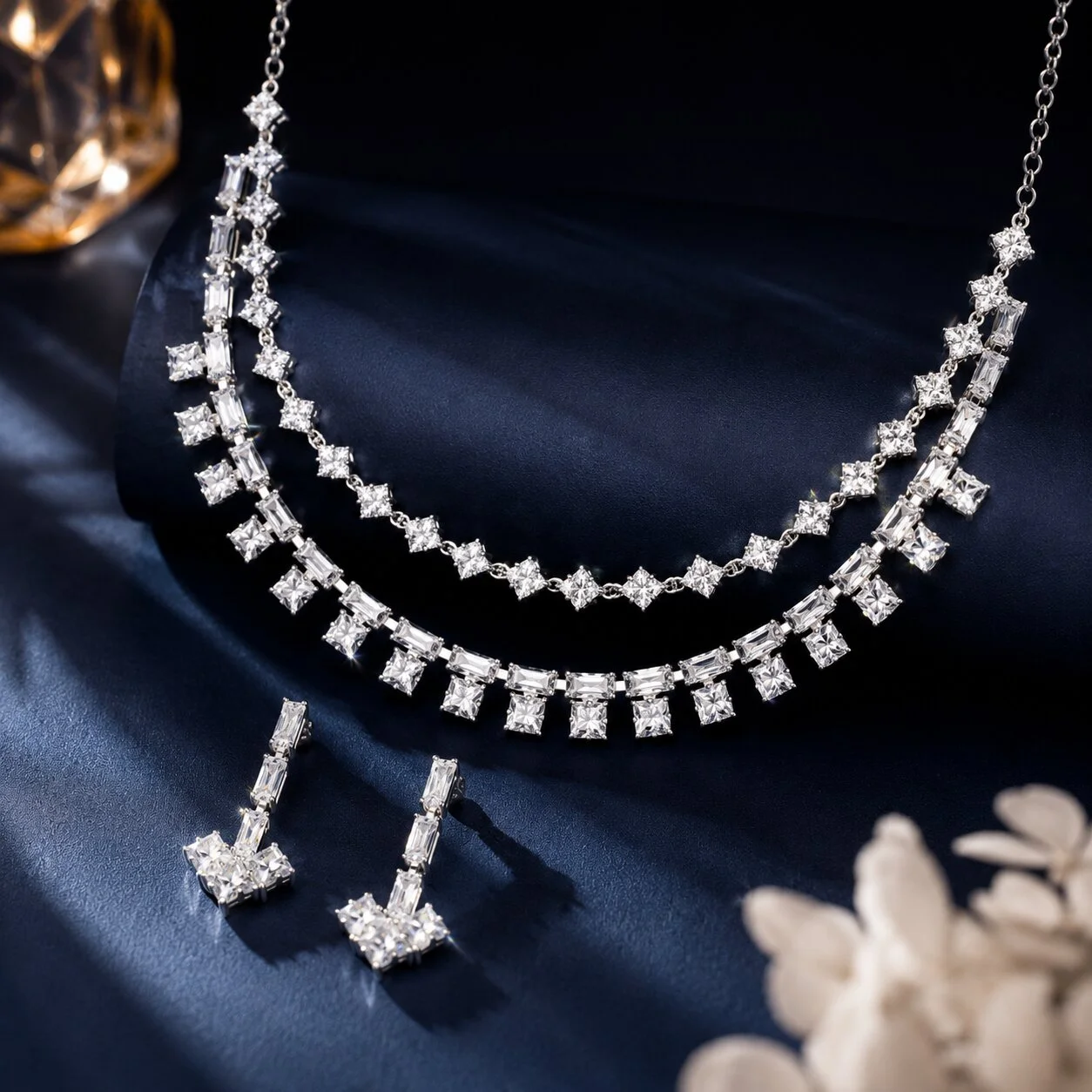 Silver-Toned Double-Layer Crystal Statement Necklace Set with Drop Earrings
