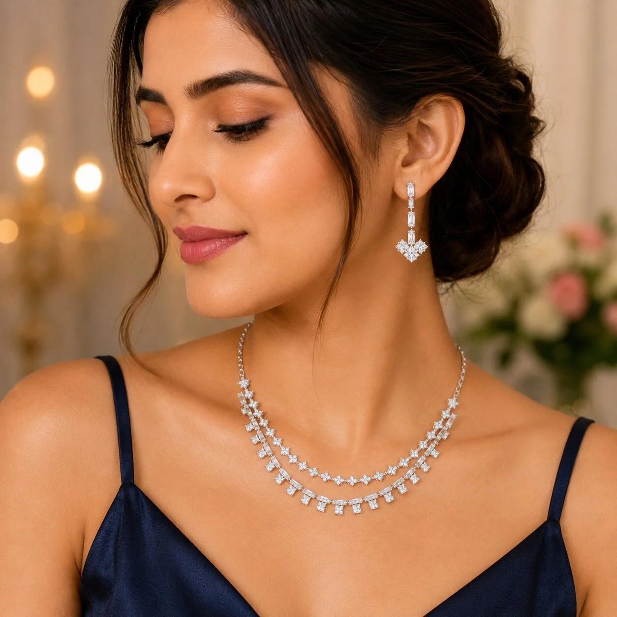 Silver-Toned Double-Layer Crystal Statement Necklace Set with Drop Earrings