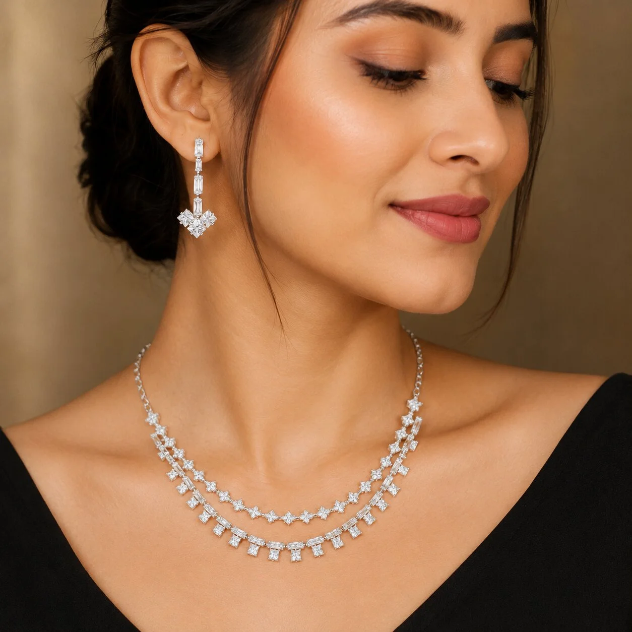 Silver-Toned Double-Layer Crystal Statement Necklace Set with Drop Earrings