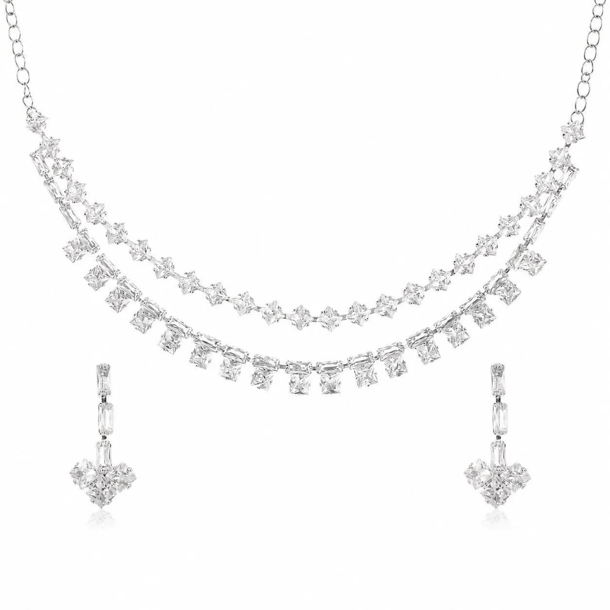 Silver-Toned Double-Layer Crystal Statement Necklace Set with Drop Earrings