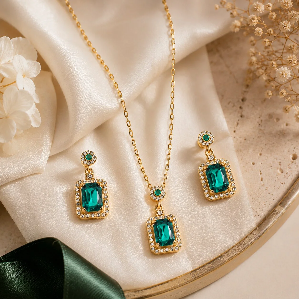 Gold-Plated Emerald Glow Pendant Necklace Set with Earrings