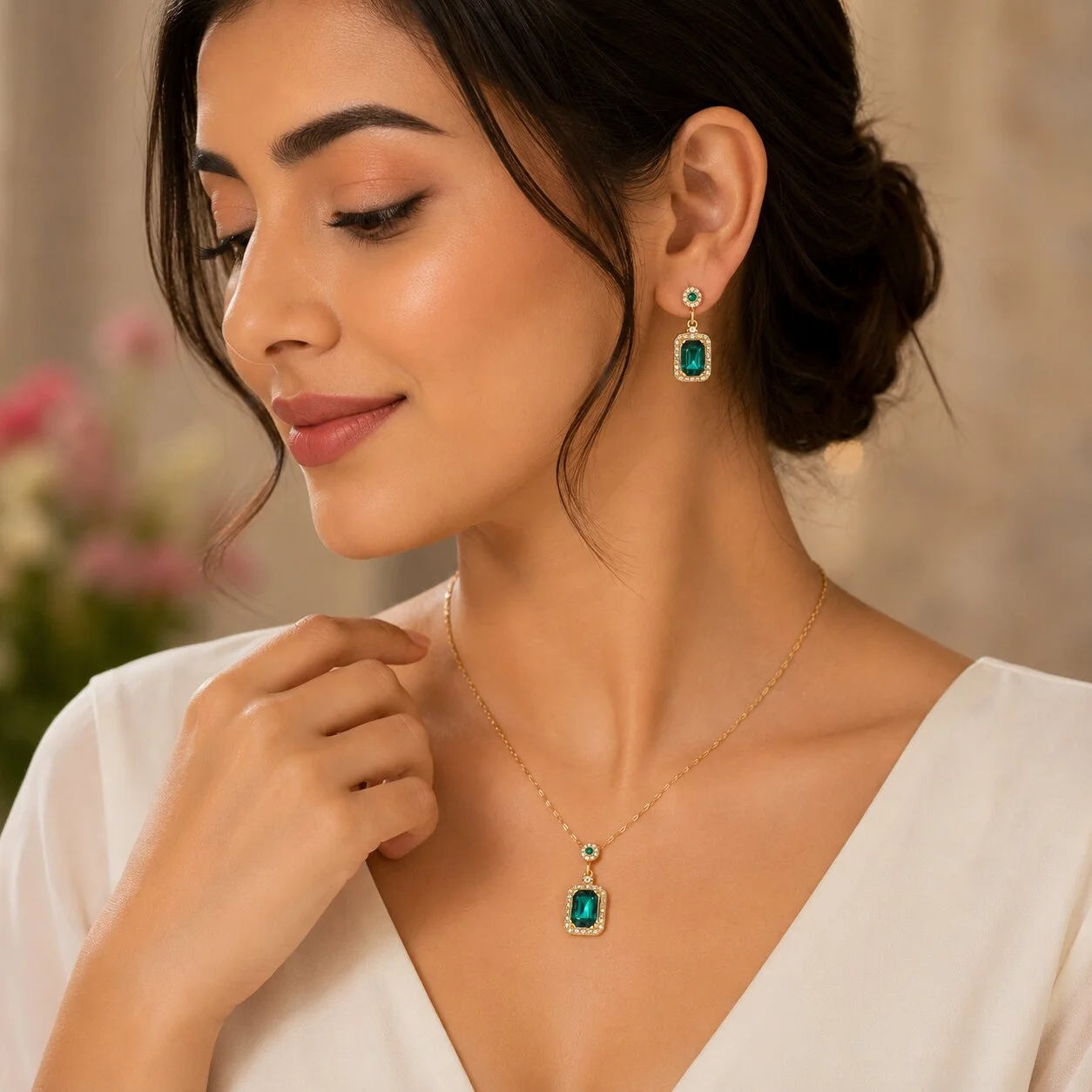 Gold-Plated Emerald Glow Pendant Necklace Set with Earrings
