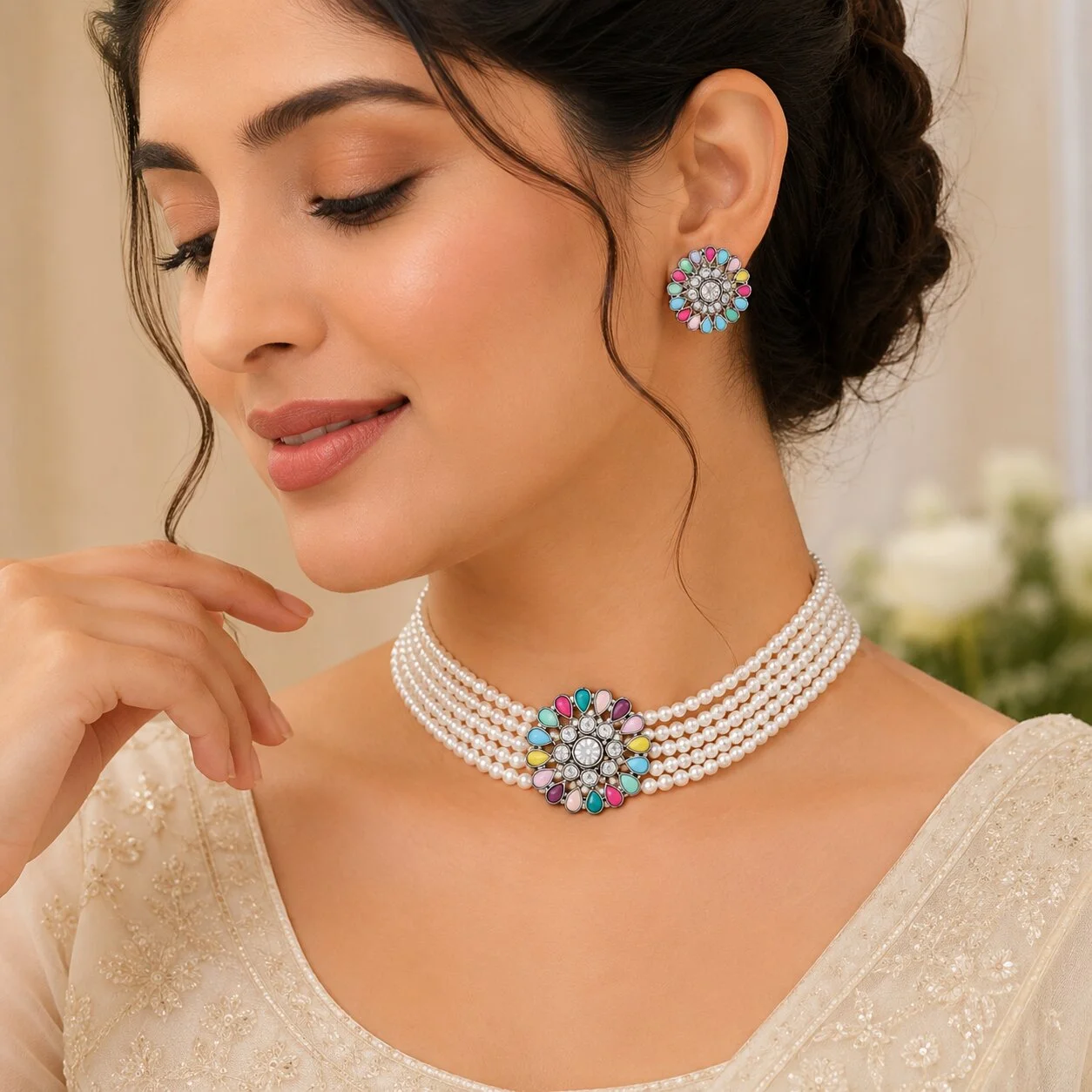 Oxidised Silver Multi-Strand Pearl Choker Necklace Set with Floral Stud Earrings