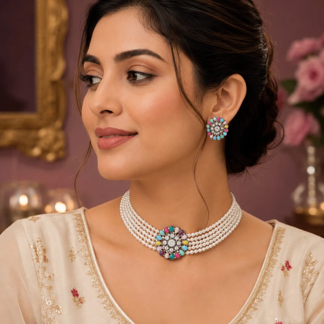 Oxidised Silver Multi-Strand Pearl Choker Necklace Set with Floral Stud Earrings