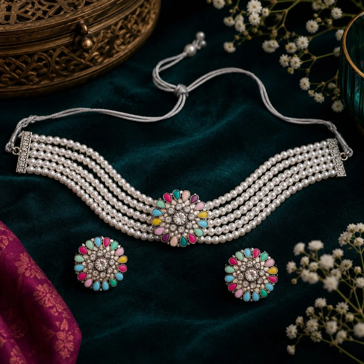 Oxidised Silver Multi-Strand Pearl Choker Necklace Set with Floral Stud Earrings