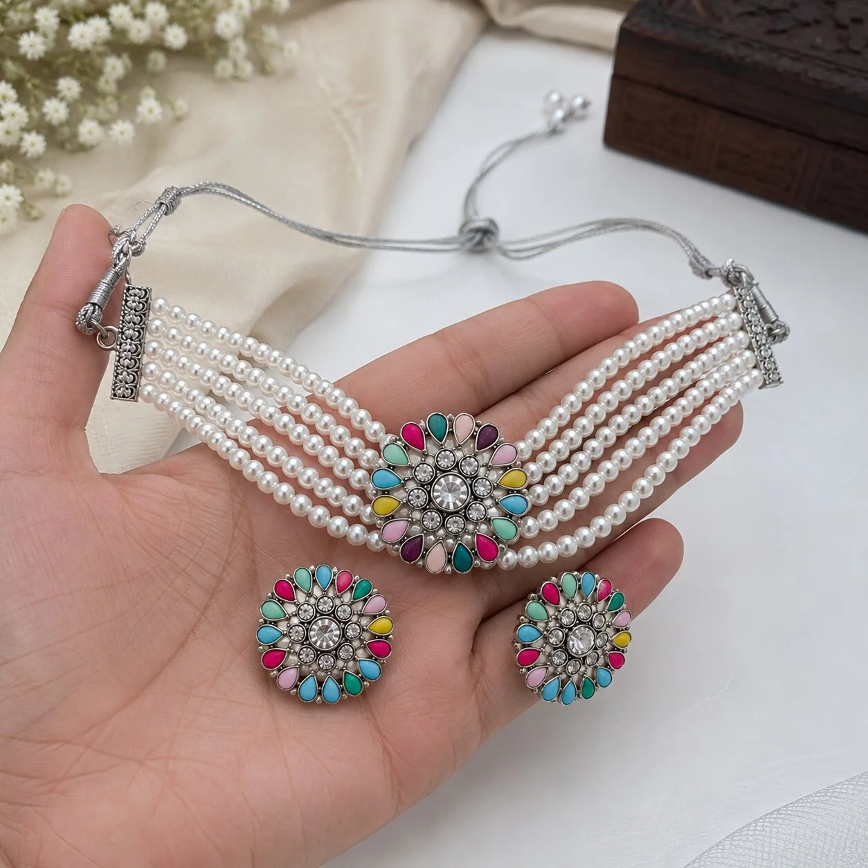 Oxidised Silver Multi-Strand Pearl Choker Necklace Set with Floral Stud Earrings