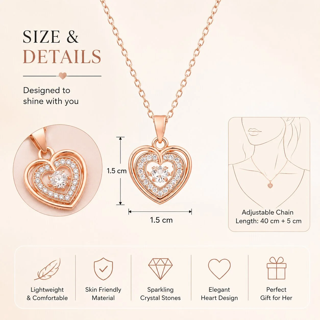 Rose Gold Double Heart Pendant Necklace with CZ Stones