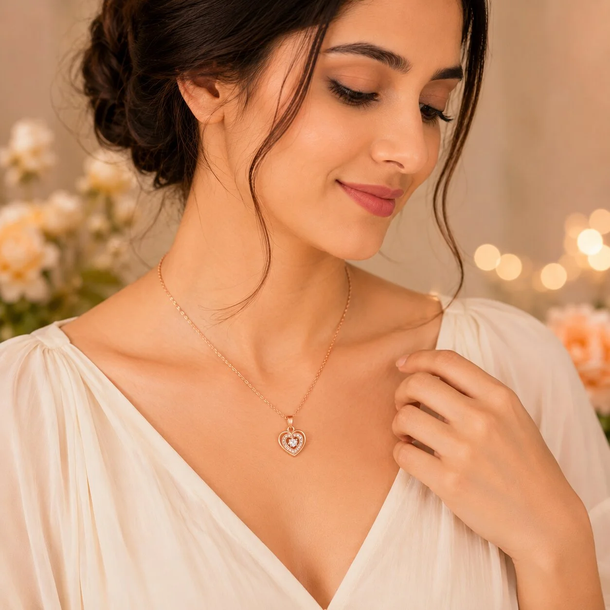 Rose Gold Double Heart Pendant Necklace with CZ Stones