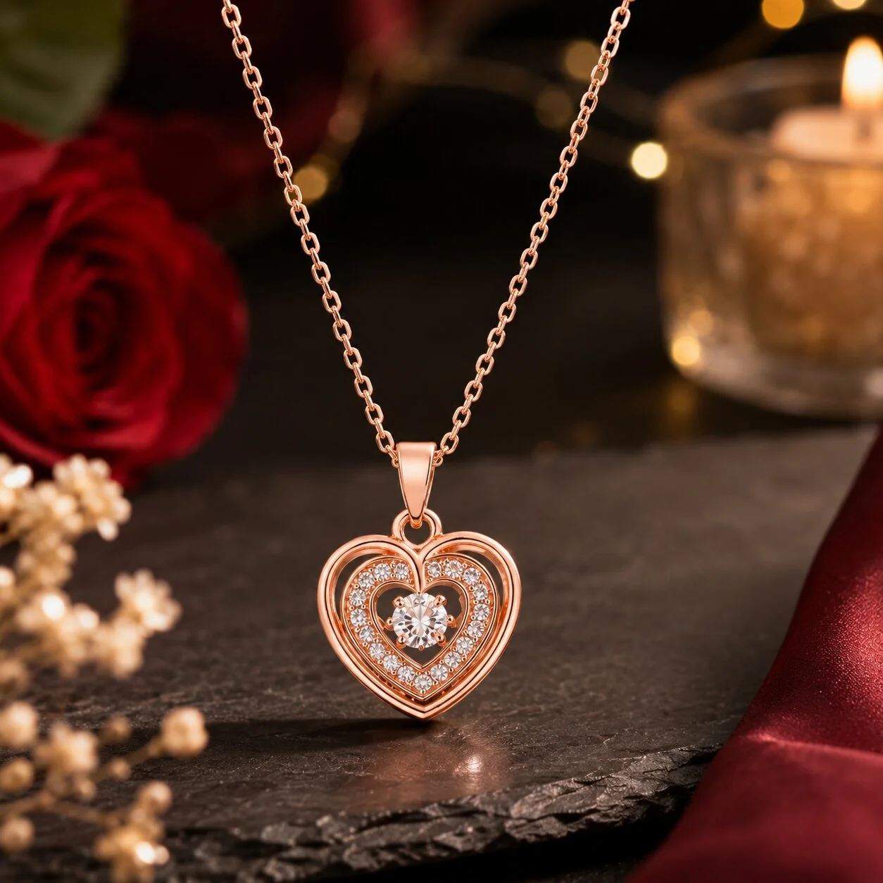 Rose Gold Double Heart Pendant Necklace with CZ Stones