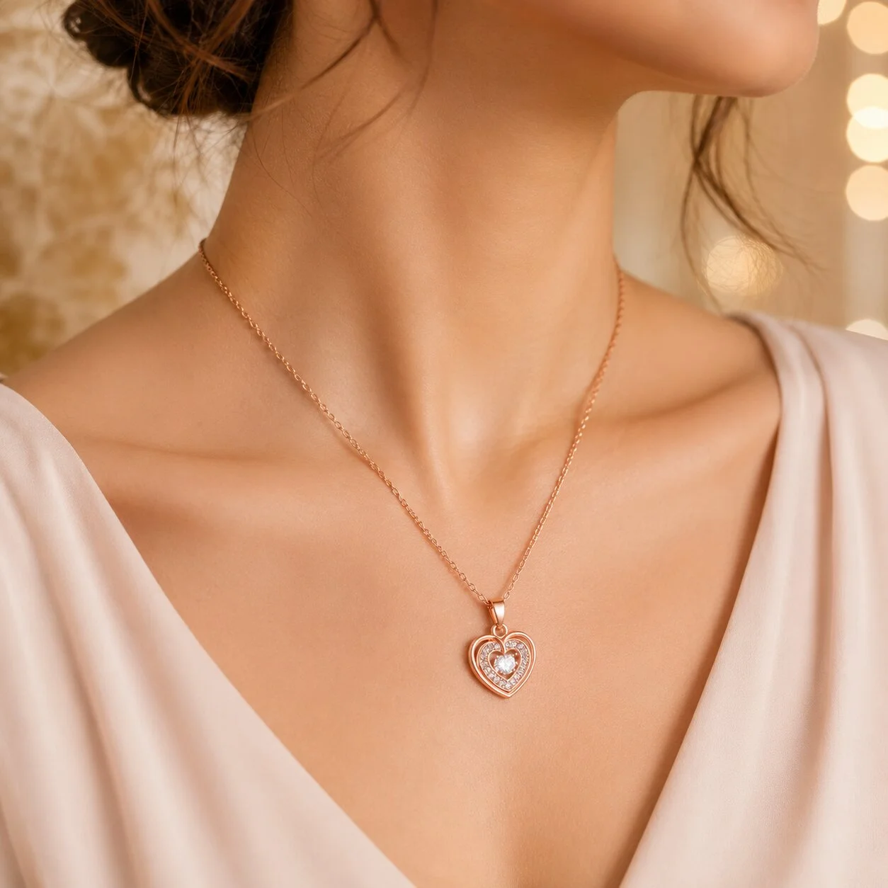 Rose Gold Double Heart Pendant Necklace with CZ Stones