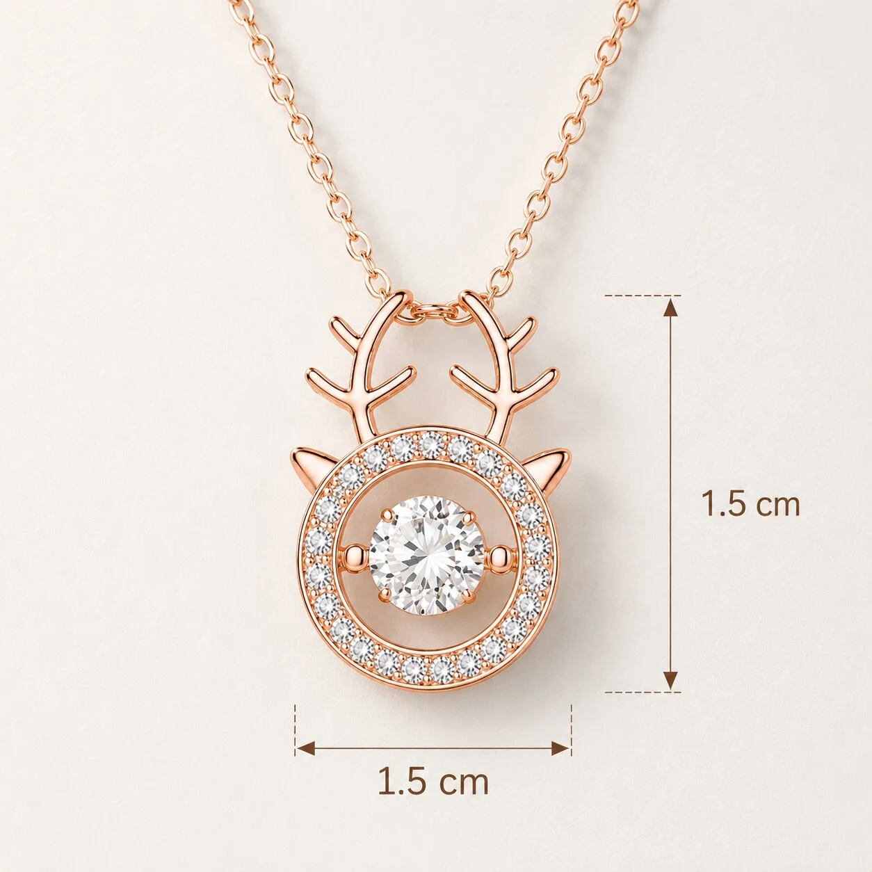 Rose Gold Reindeer Charm Pendant Necklace with CZ Stone