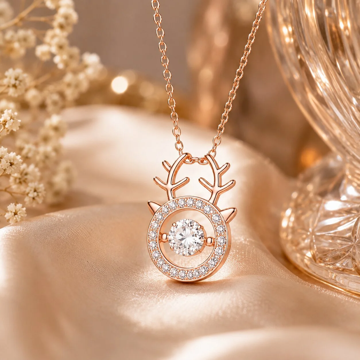 Rose Gold Reindeer Charm Pendant Necklace with CZ Stone