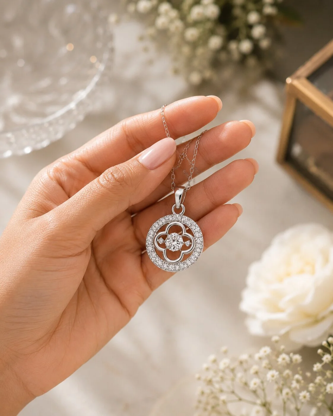 Silver-Toned Clover Halo Pendant Necklace with CZ Stones