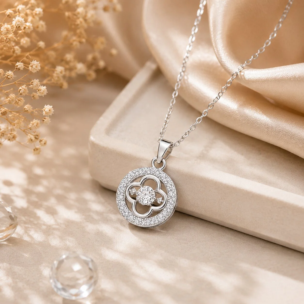 Silver-Toned Clover Halo Pendant Necklace with CZ Stones