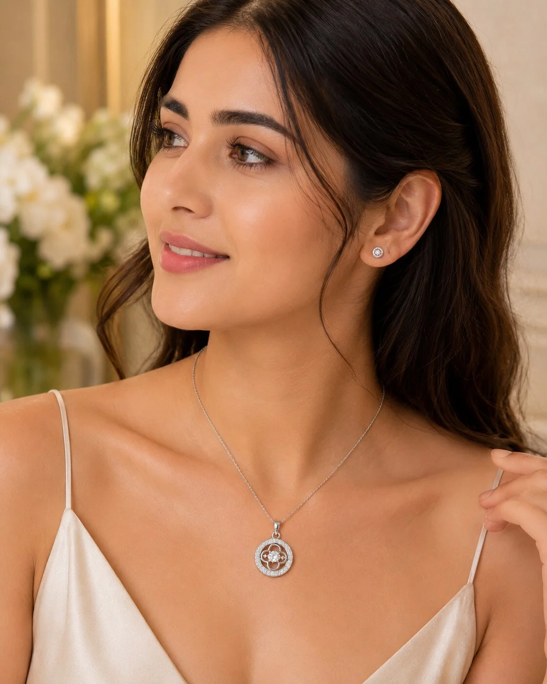 Silver-Toned Clover Halo Pendant Necklace with CZ Stones