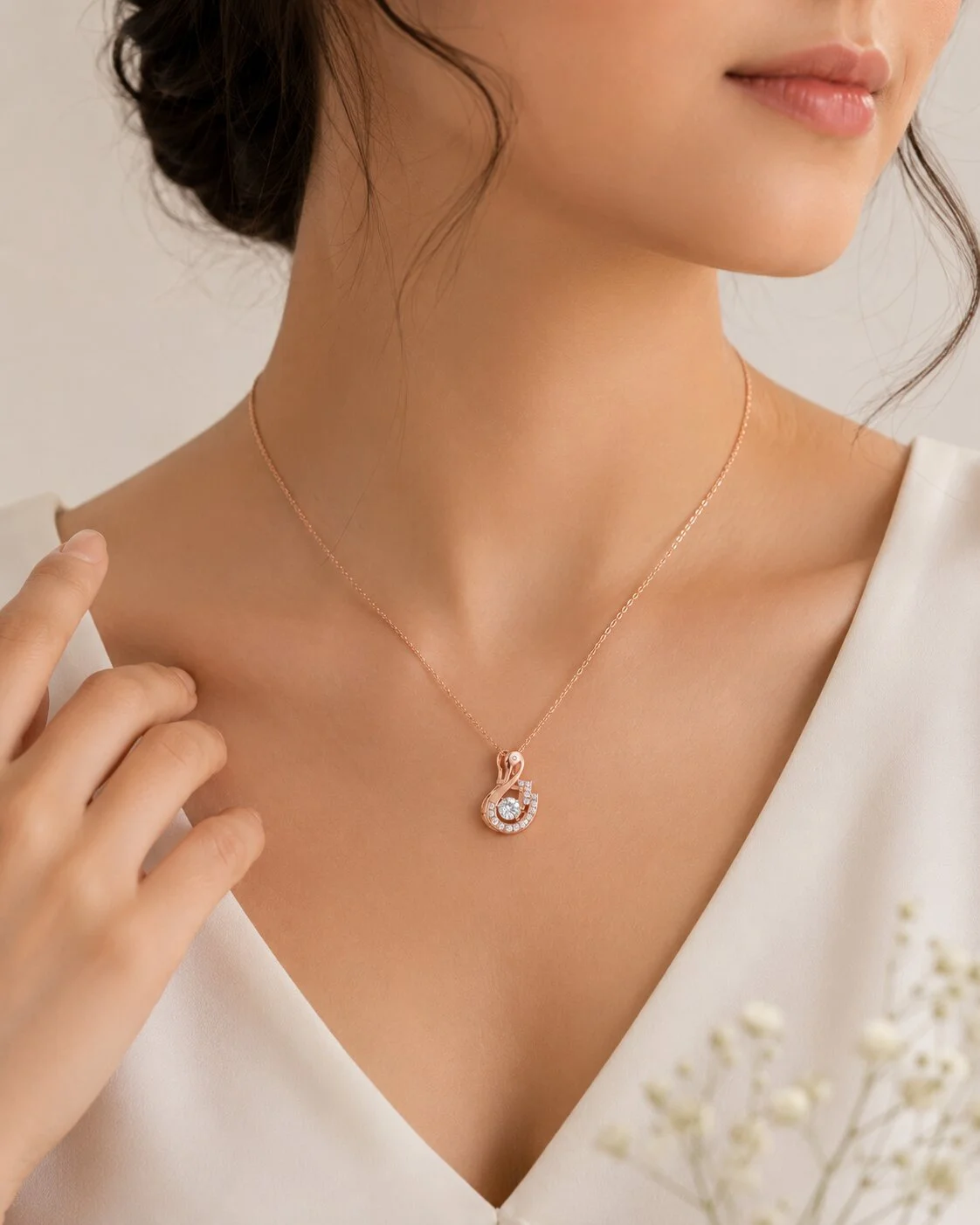 Rose Gold Swan Pendant Necklace with CZ Stones