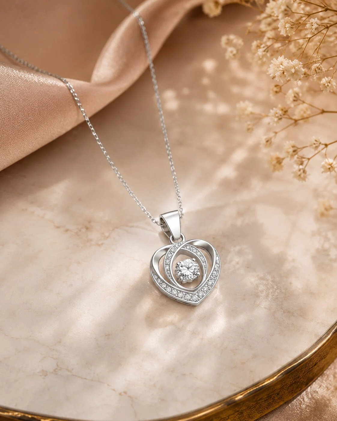 Silver-Toned Double Heart Pendant Necklace with CZ Stone