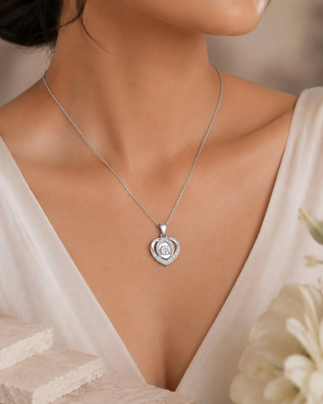 Silver-Toned Double Heart Pendant Necklace with CZ Stone