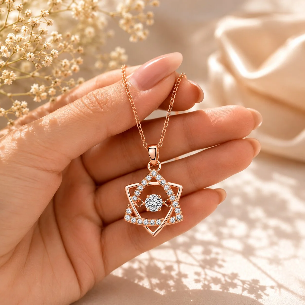 Rose Gold Geometric Star Pendant Necklace with CZ Stones