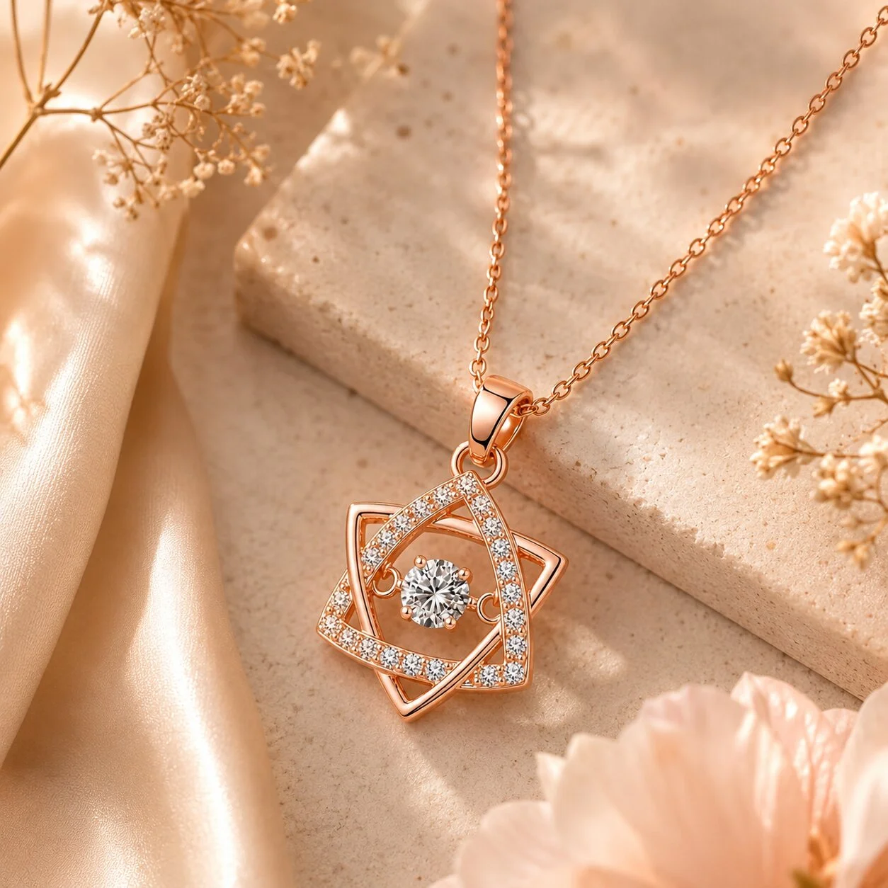 Rose Gold Geometric Star Pendant Necklace with CZ Stones