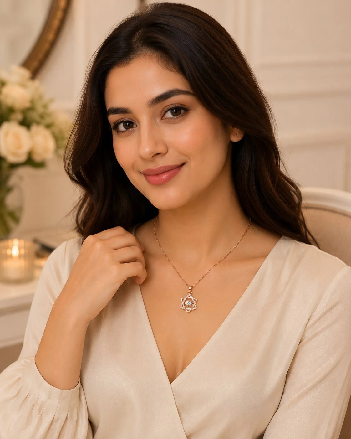 Rose Gold Geometric Star Pendant Necklace with CZ Stones