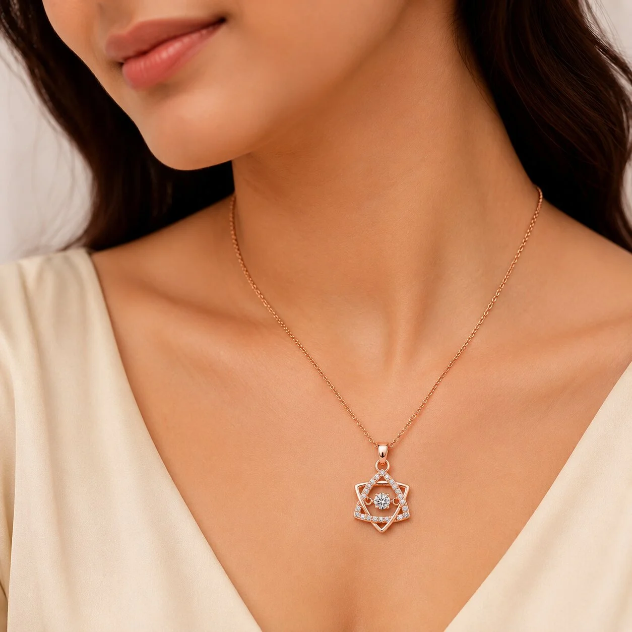 Rose Gold Geometric Star Pendant Necklace with CZ Stones