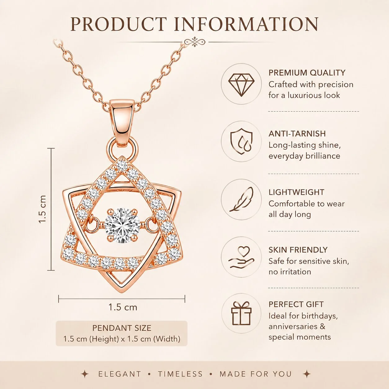 Rose Gold Geometric Star Pendant Necklace with CZ Stones