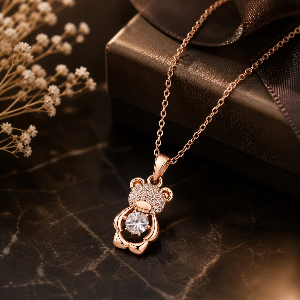 Rose Gold Teddy Bear Pendant Necklace with CZ Stone