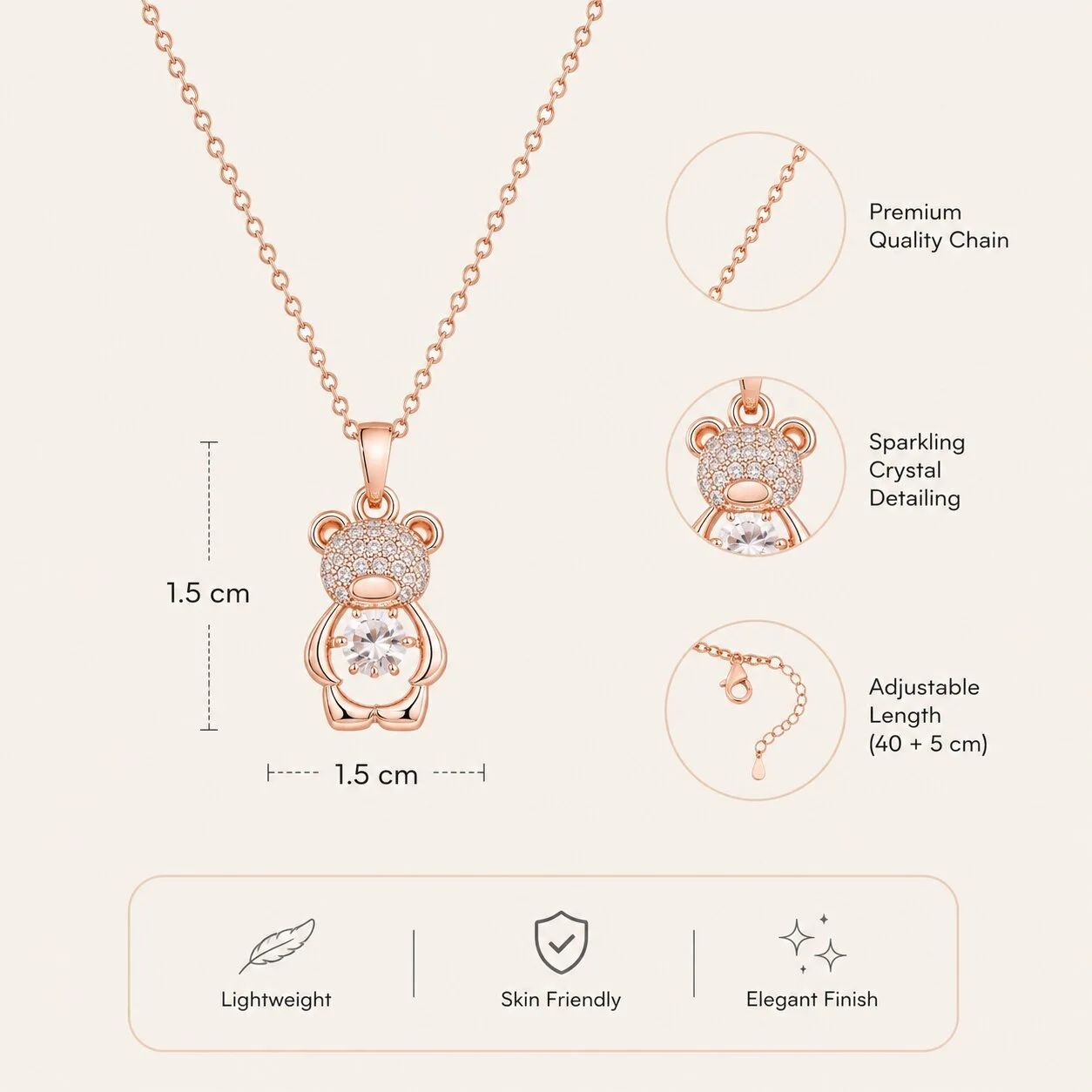 Rose Gold Teddy Bear Pendant Necklace with CZ Stone